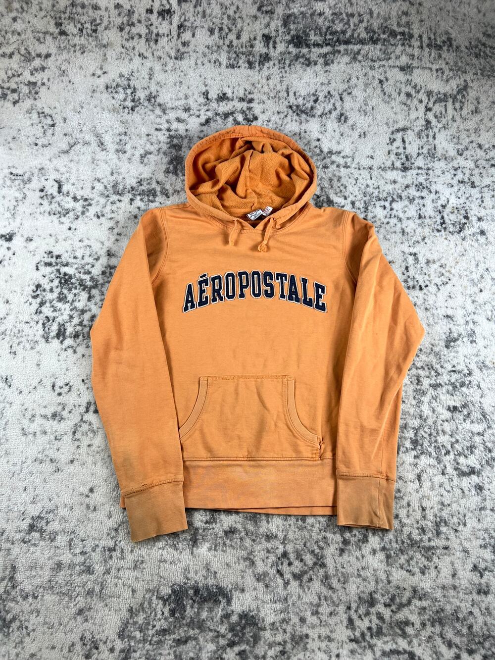 Vintage Aeropostale Spellout Hoodie Mens M Orange Fleece Y2K Sweatshirt Street
